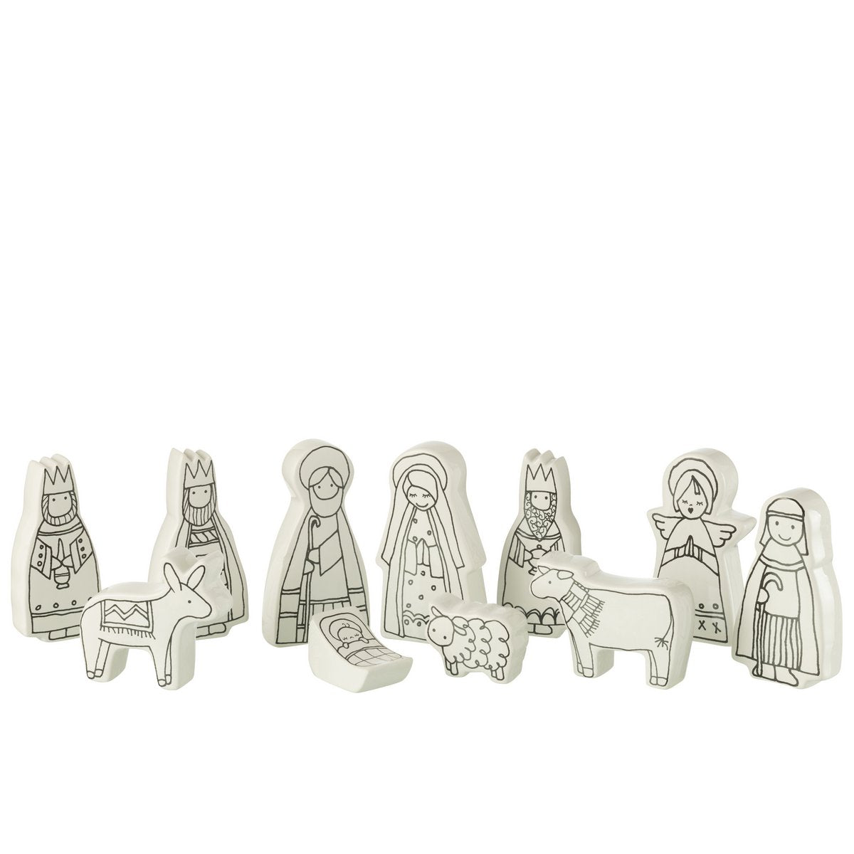Crèche de Noël J-Line 11 pièces en céramique blanche et noire, vue d'ensemble.