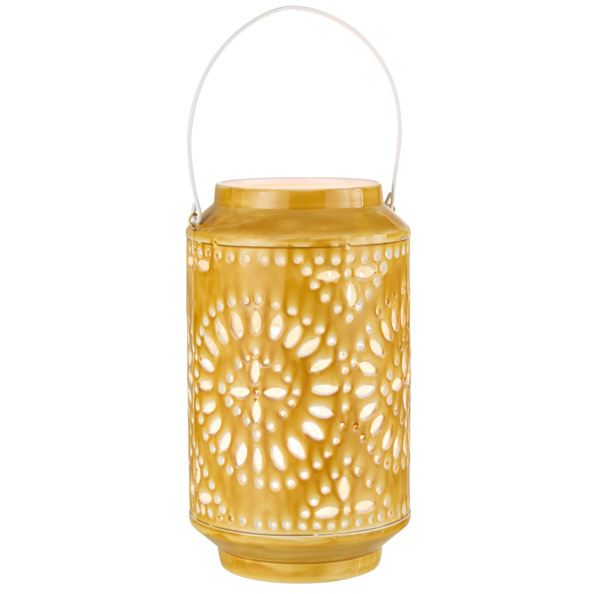 Détail du design perforé de la lanterne J-Line en métal ocre