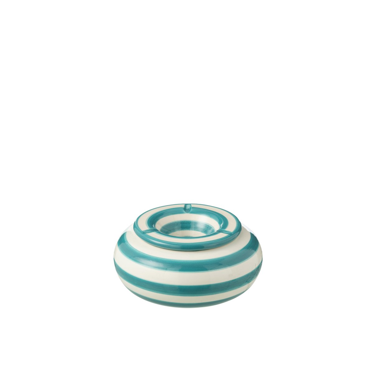 Cendrier J-Line Granade Stripes en céramique blanc et aqua - vue de face