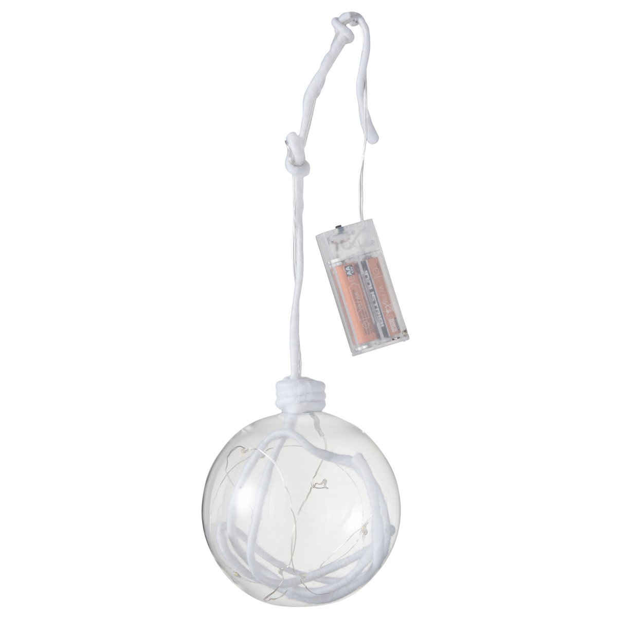 Boule de Noël LED J-Line en verre blanc, éclairée, sur table