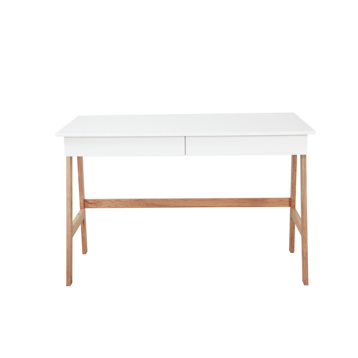 Bureau scandinave blanc avec pieds en bois, vue de face