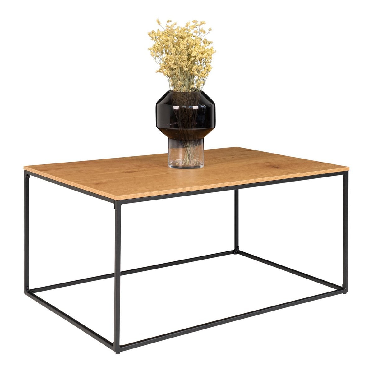 Table basse Vita en aspect chêne avec cadre en métal noir, vue d'ensemble