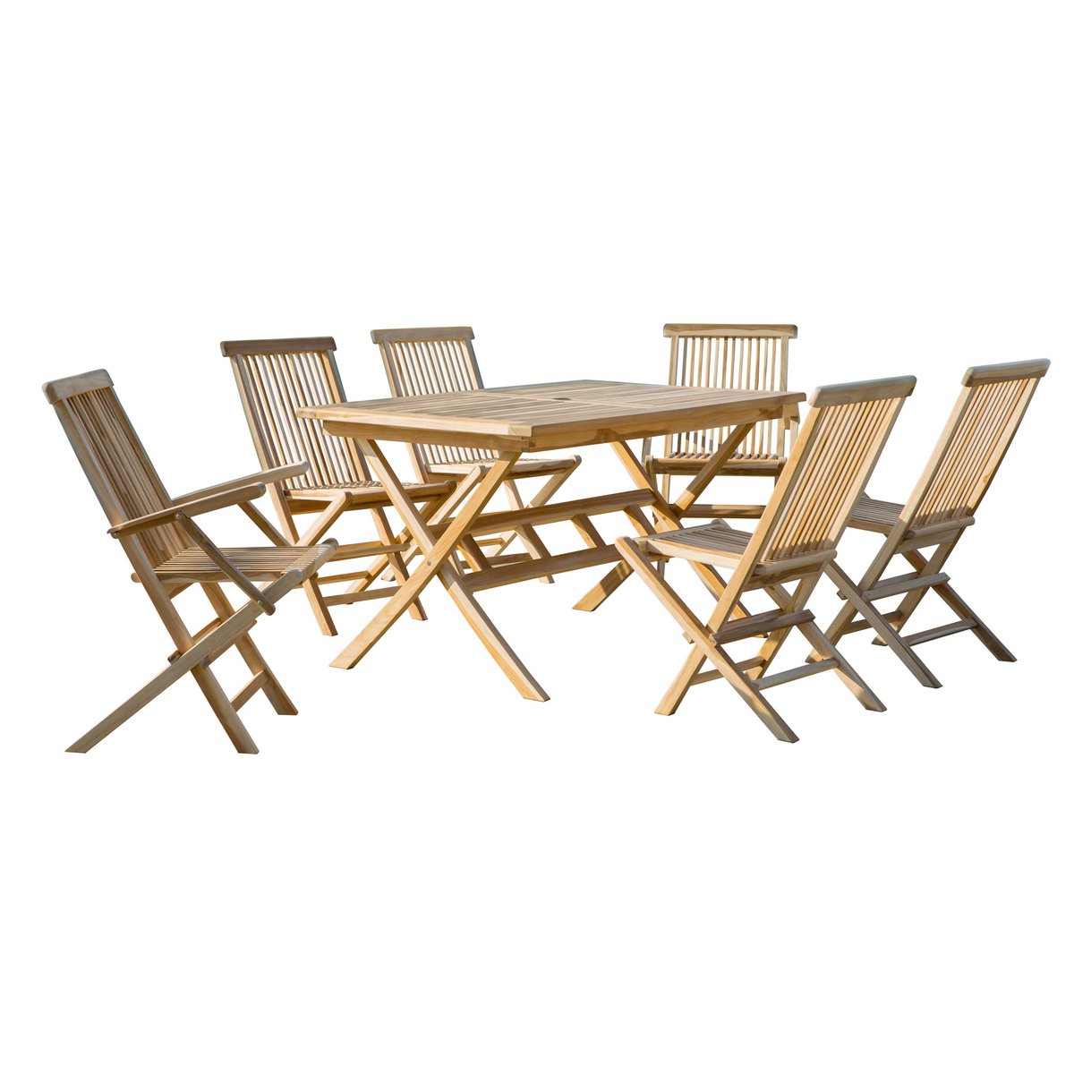 Vue latérale du salon de jardin en teck montrant les chaises