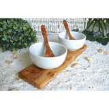 Ensemble de 2 bols à trempette ronds en porcelaine (Ø 8,5 cm) avec 2 cuillères sur bois d'olivier
