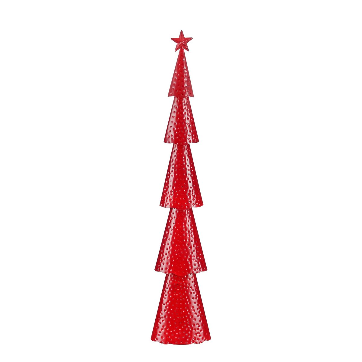 Sapin de Noël décoratif rouge en fer martelé, élégant et festif.
