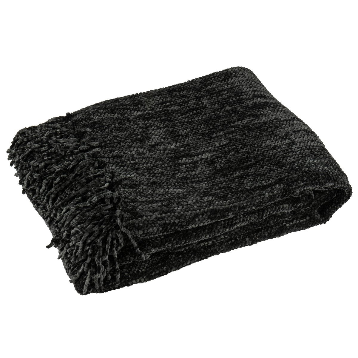 Couverture J-Line en noir, mise en scène sur un canapé moderne.