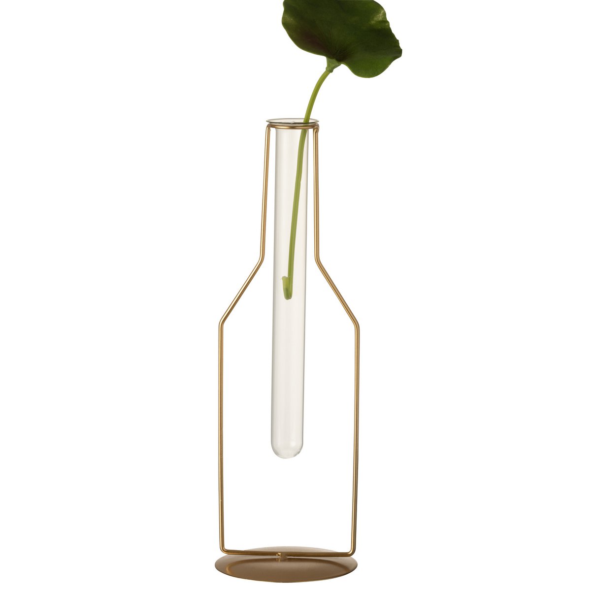 Détail du vase tube en verre transparent et métal doré