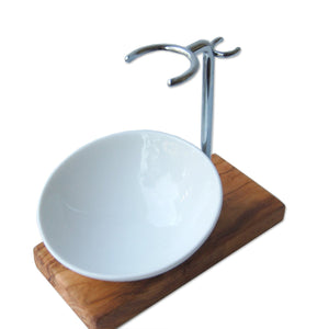 Porte-blaireau CLASSIC PLUS en bois d'olivier avec bol en porcelaine