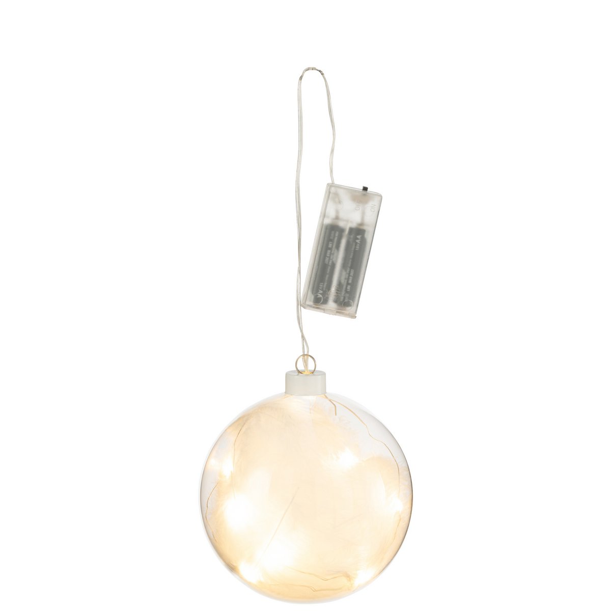 Boule Plumes J-Line en verre blanc avec lumières LED, vue de face.