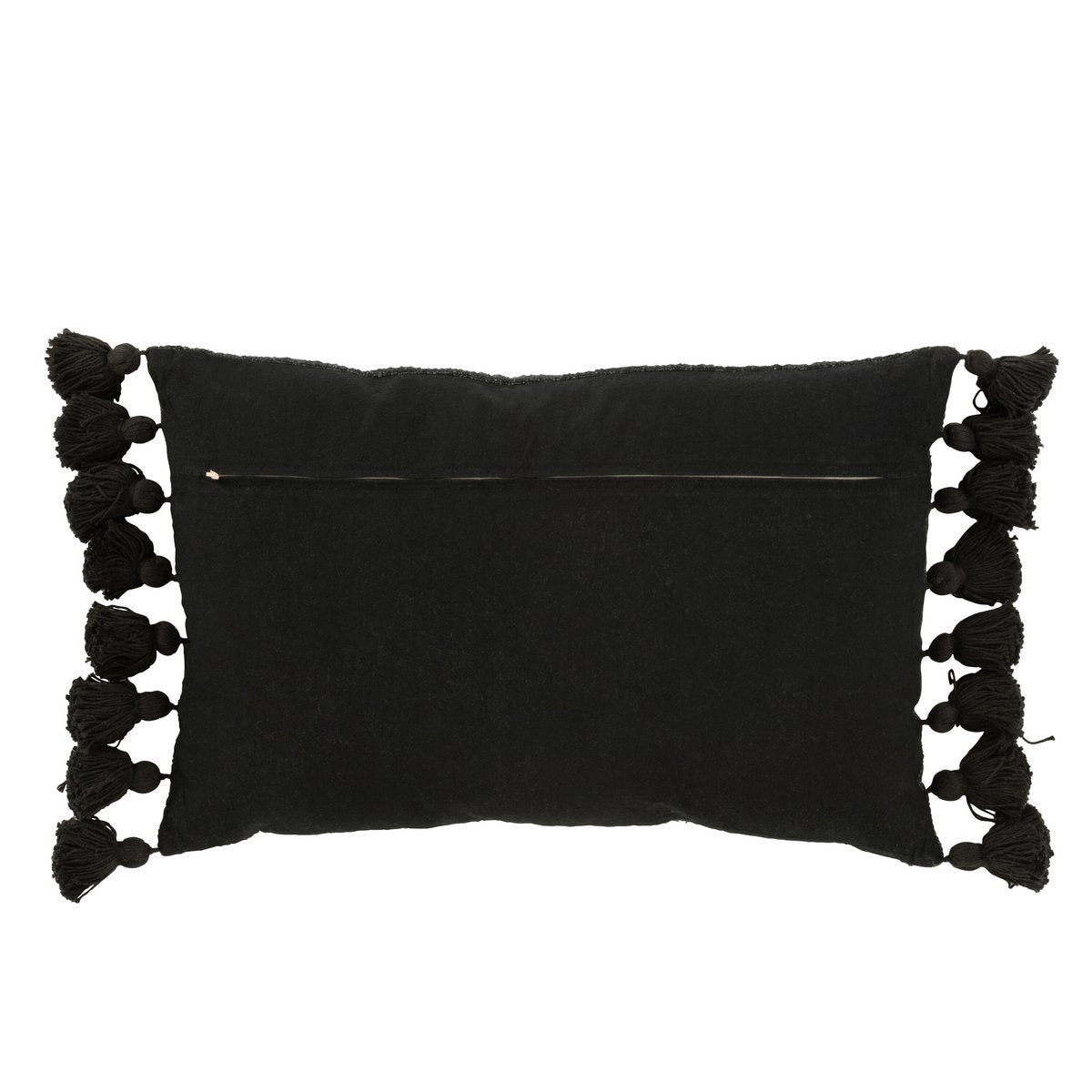 Coussin J-Line Pompon en coton noir, vue avant avec pompons décoratifs.