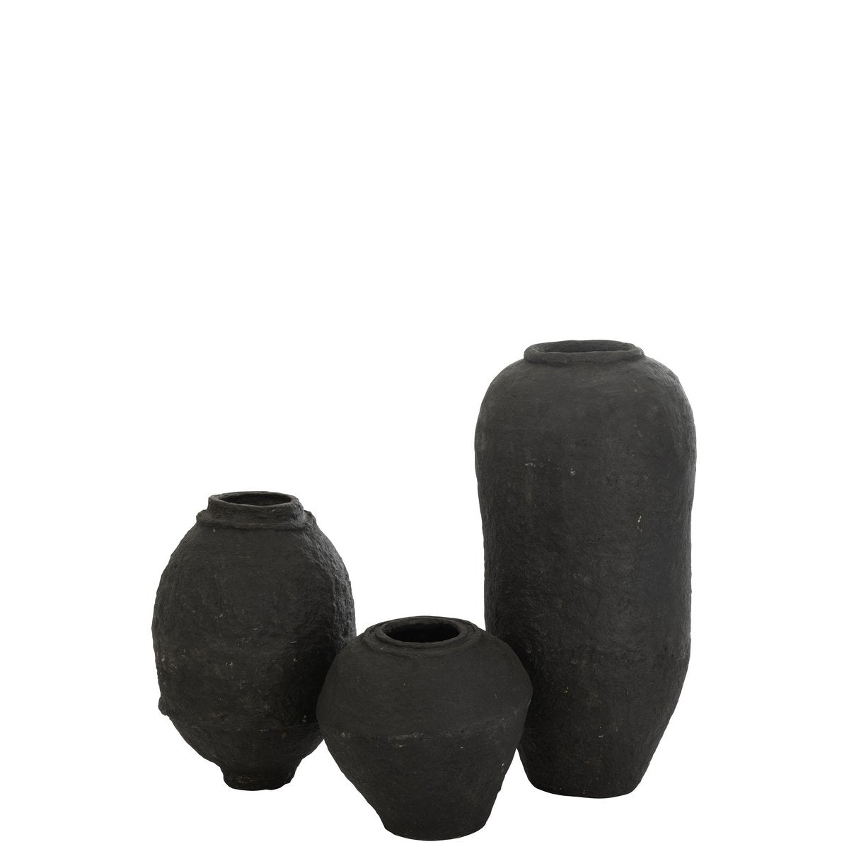 Vue latérale du vase noir J-Line en papier mâché, montrant la texture