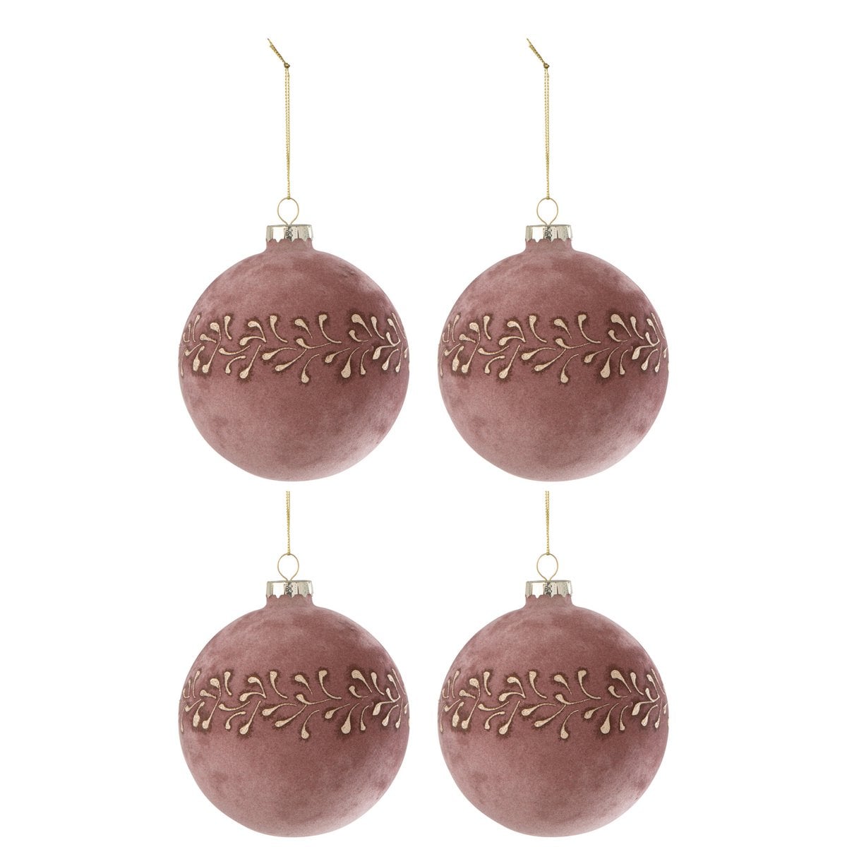 Boîte de 4 boules de Noël J-Line en velours rose clair et or, élégantes et raffinées.