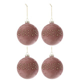 Boîte de 4 boules de Noël J-Line en velours rose clair et or, élégantes et raffinées.
