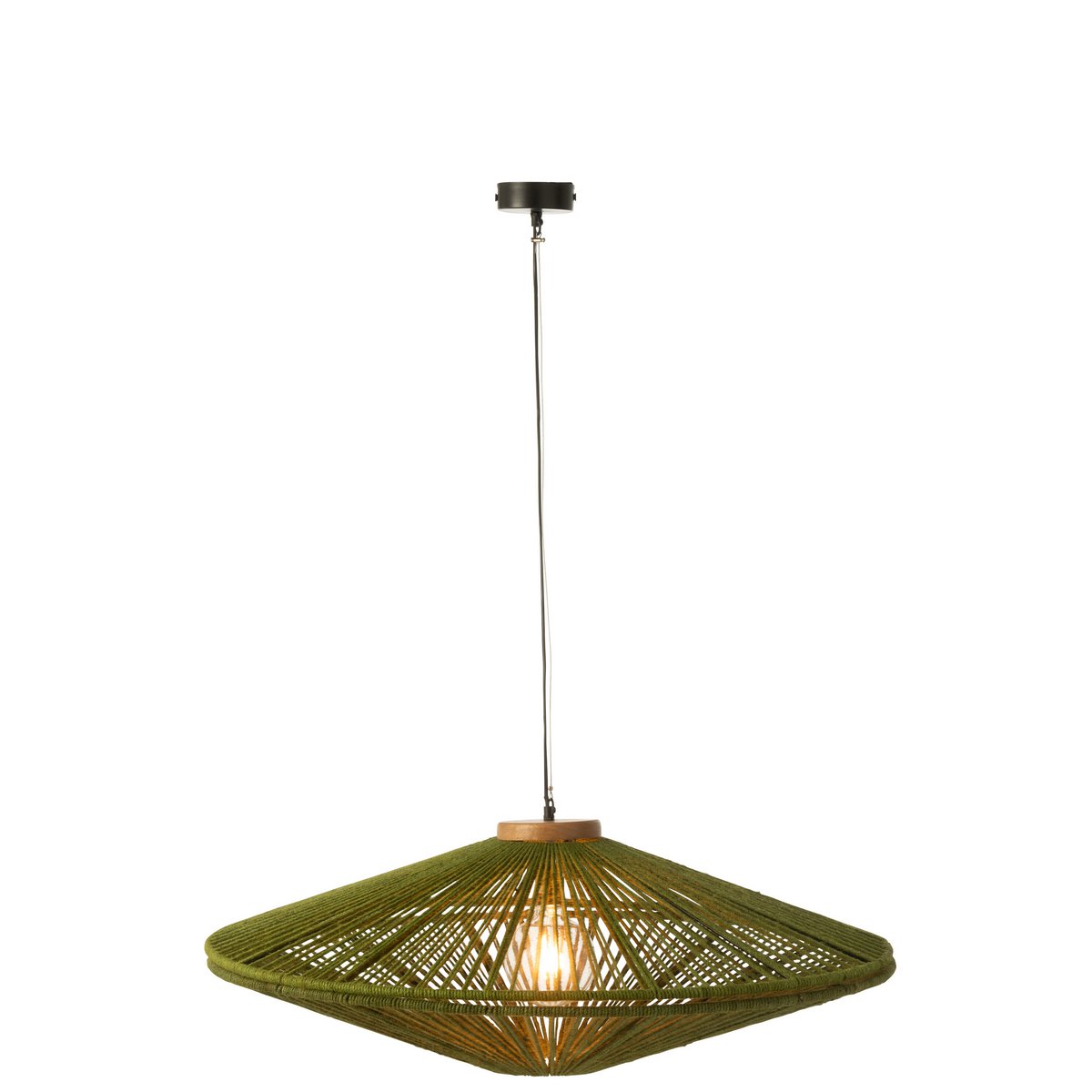 Lampe à suspension Ovni J-Line en fer et jute vert, vue de face