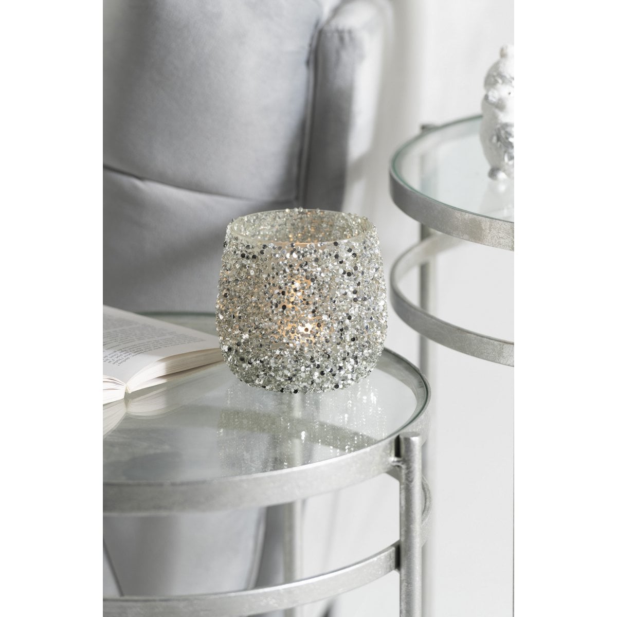 Lanterne J-Line Glitter en verre argenté, vue latérale