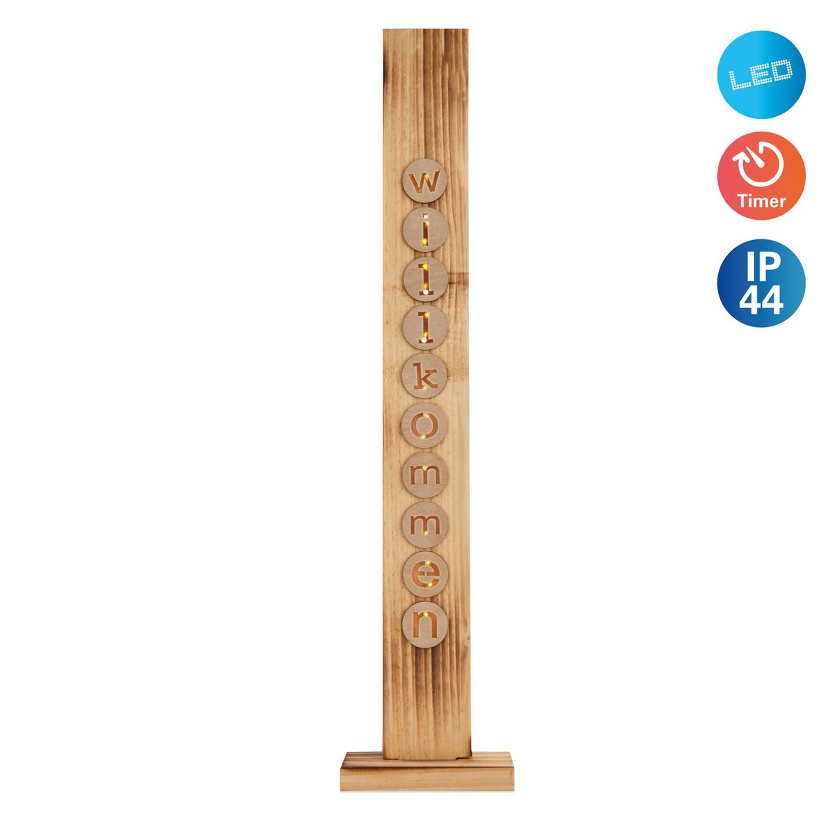 DÉCOLUM DE BOIS LED "Bienvenue" en bois naturel avec des LED fixes, décoration de Noël pour l'extérieur