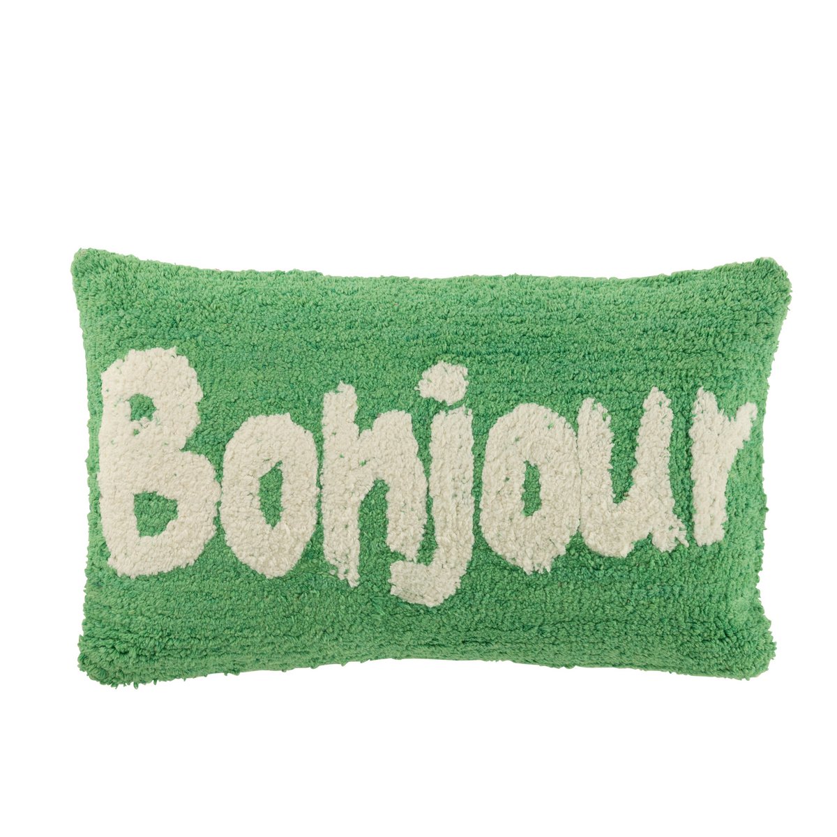 Coussin Bonjour Tufté en coton vert/blanc avec design tufté