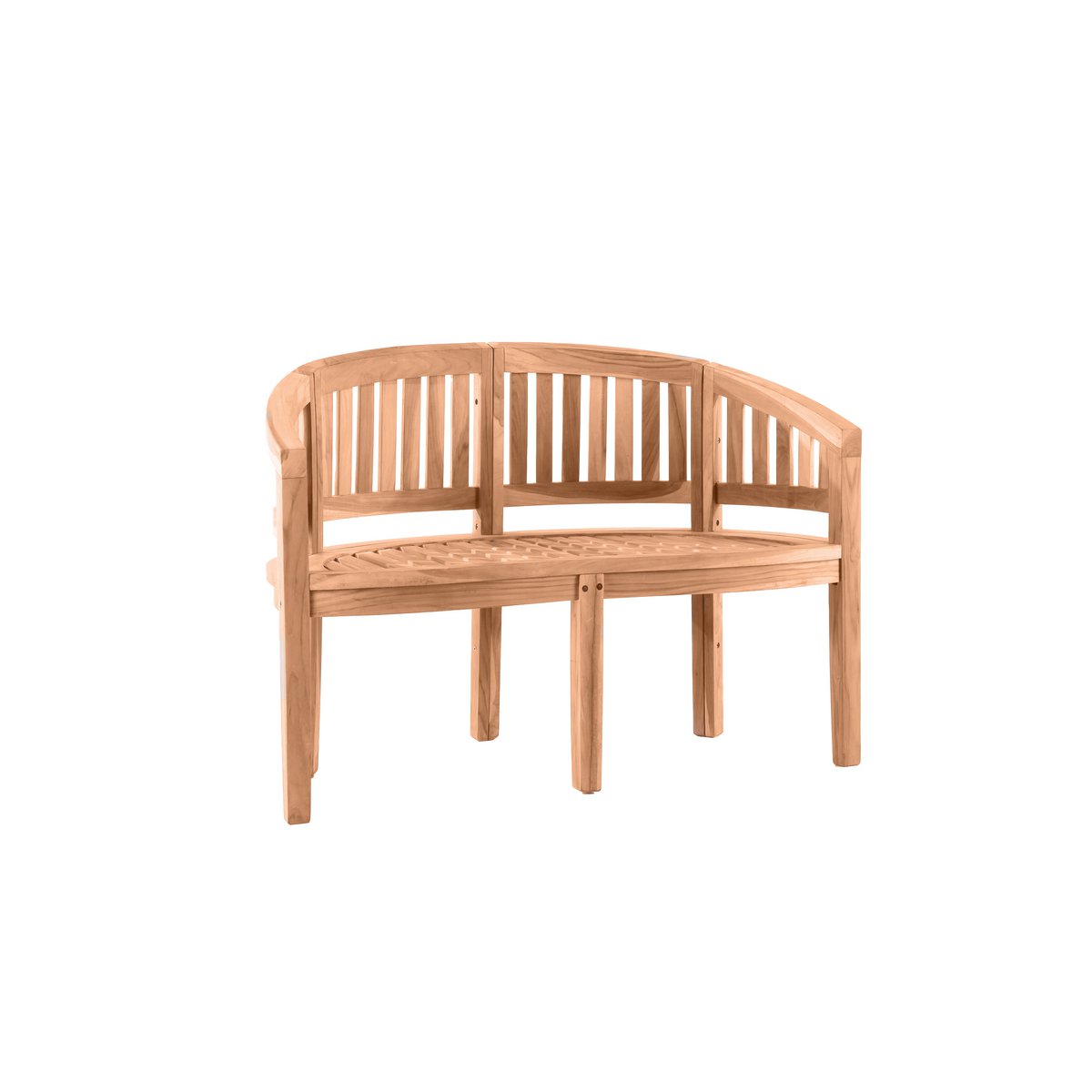 Banc de jardin en forme de banane en teck, vue de face
