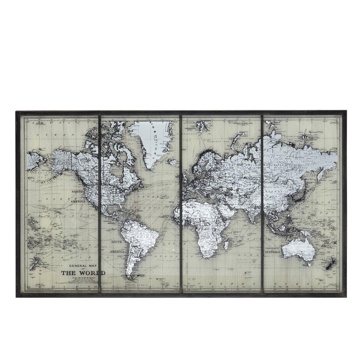 Cadre Carte du Monde en Verre Gris J-Line, vue de face avec détails de la carte