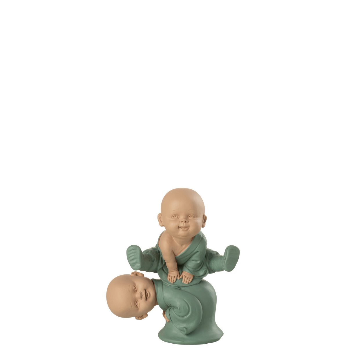 Figure Moine Sautant en polyresine verte, vue de face avec détails de texture