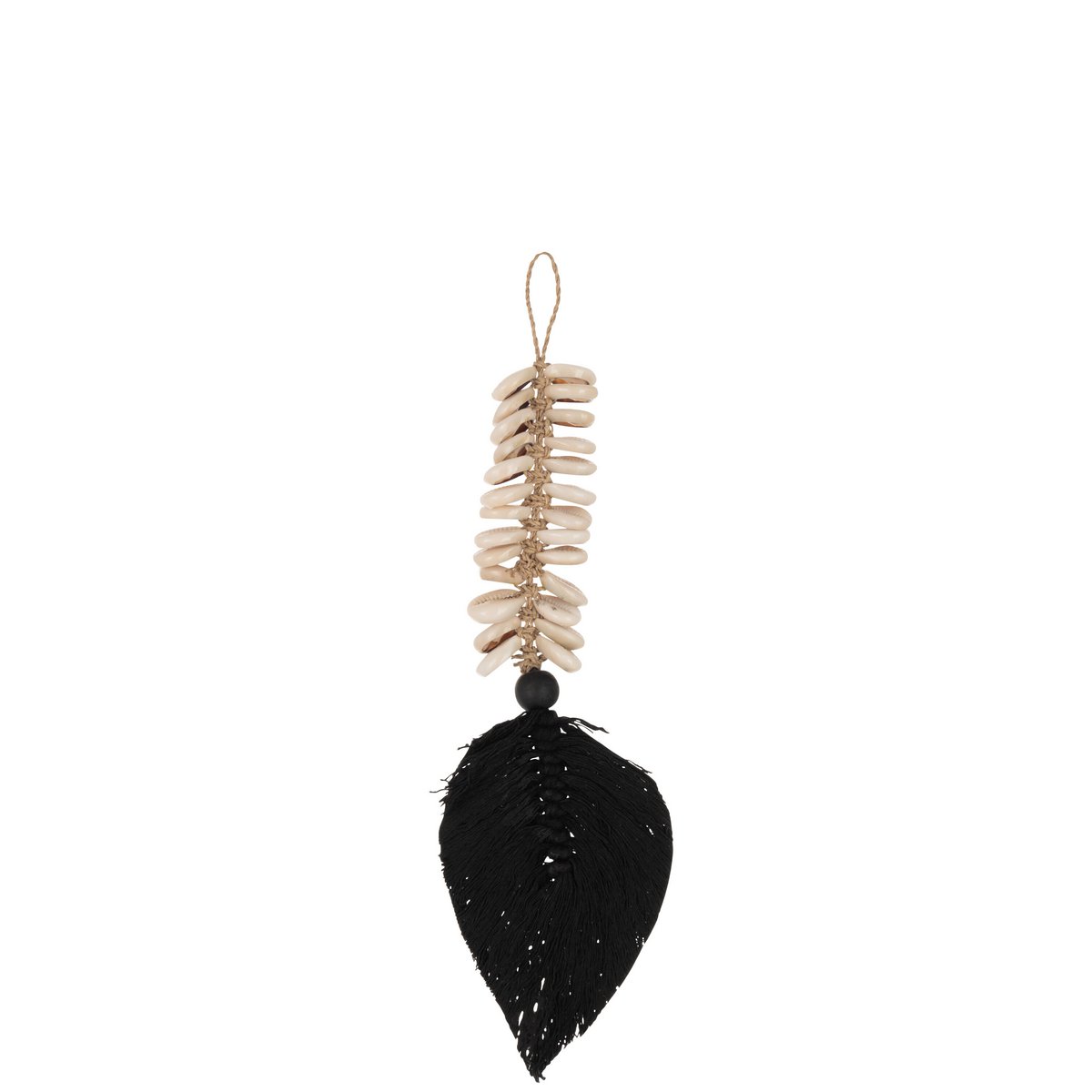 Suspension J-Line Plume et Coquillages en coton noir, design bohème