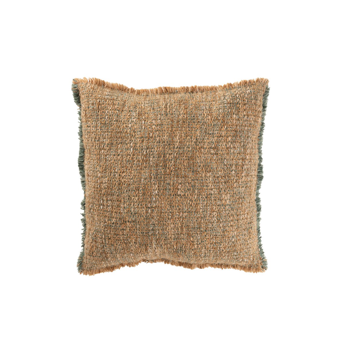 Coussin J-Line Bords Effilochés en polyester et coton marron clair et vert, vue de face