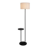 Lampe debout avec table "Tordis" intégrée en métal noir et matériau textile blanc naturel, 157 cm de haut, E27