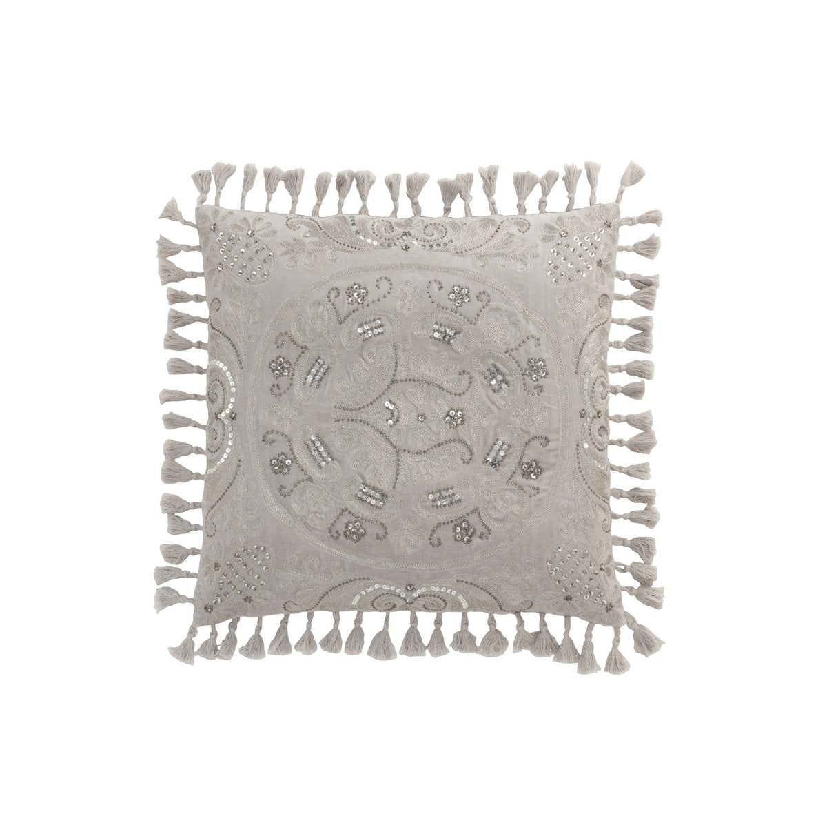 Coussin J-Line gris avec pompons, ambiance bohème