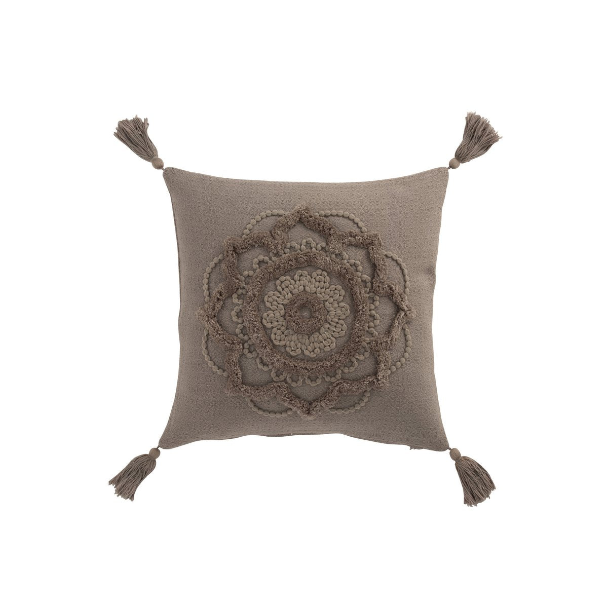 Coussin J-Line Fleur et Pompons en coton taupe, vue de face