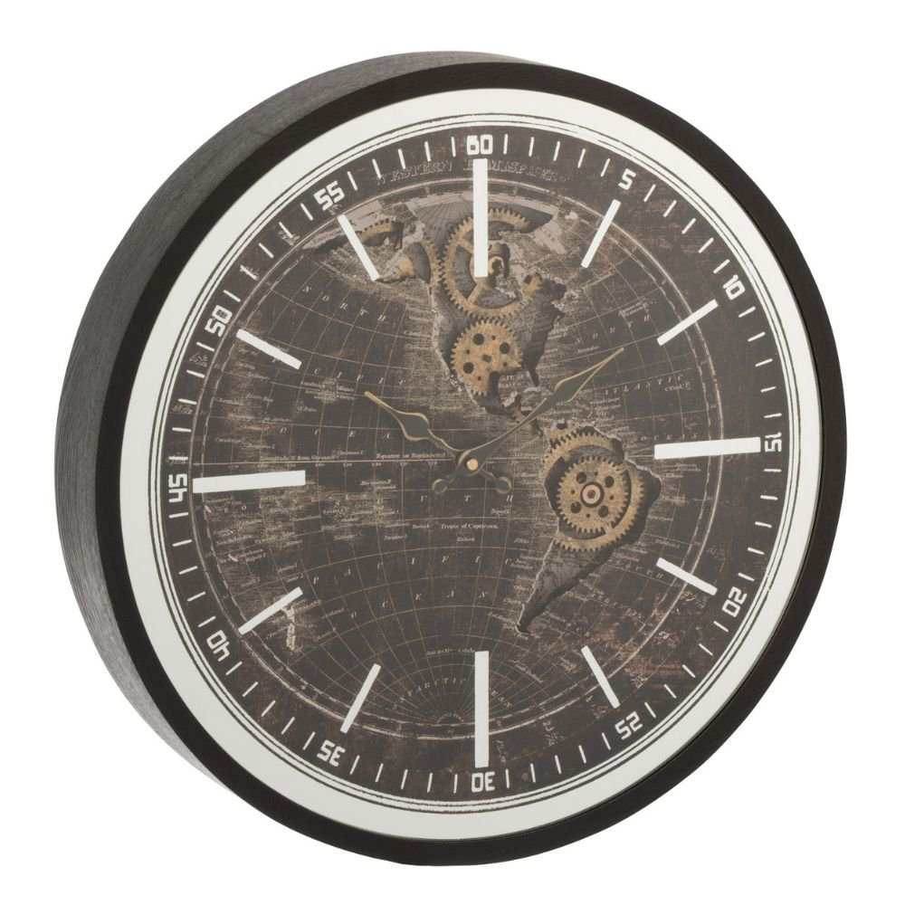 Horloge murale J-Line en bois doré et noir, vue de face
