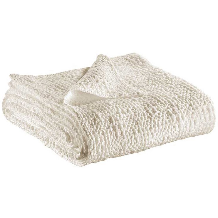 Jeté Tana en coton stonewashed couleur craie, texture en nid d'abeille