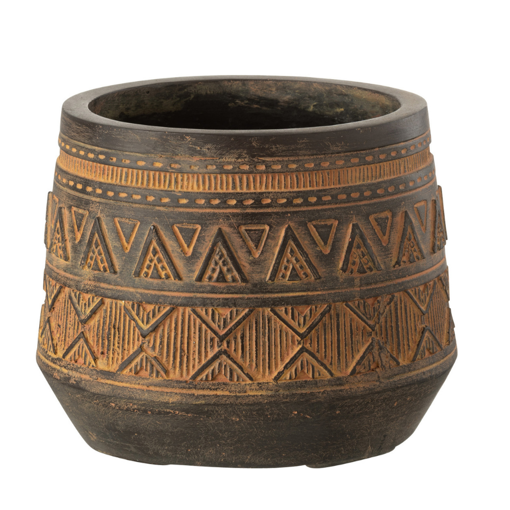 Pot de fleurs ethnique J-Line en plastique marron et beige, vue de face