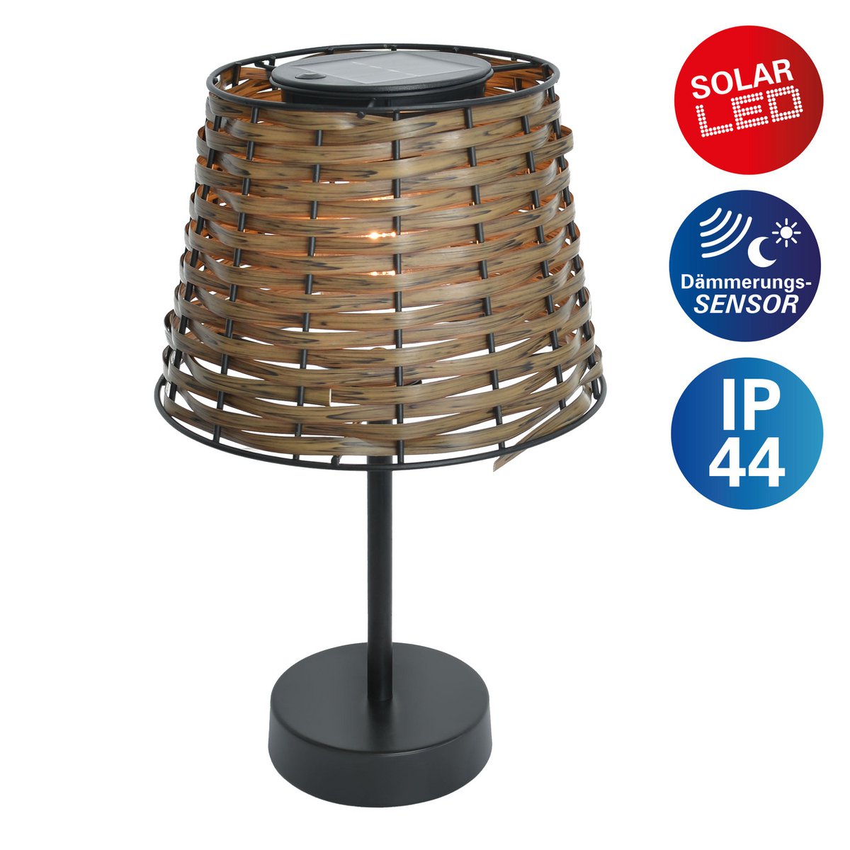 Roard léger de table solaire "Rada" en marron, avec capteur crépusculaire, blanc chaud, 31 cm de haut, pour la zone extérieure