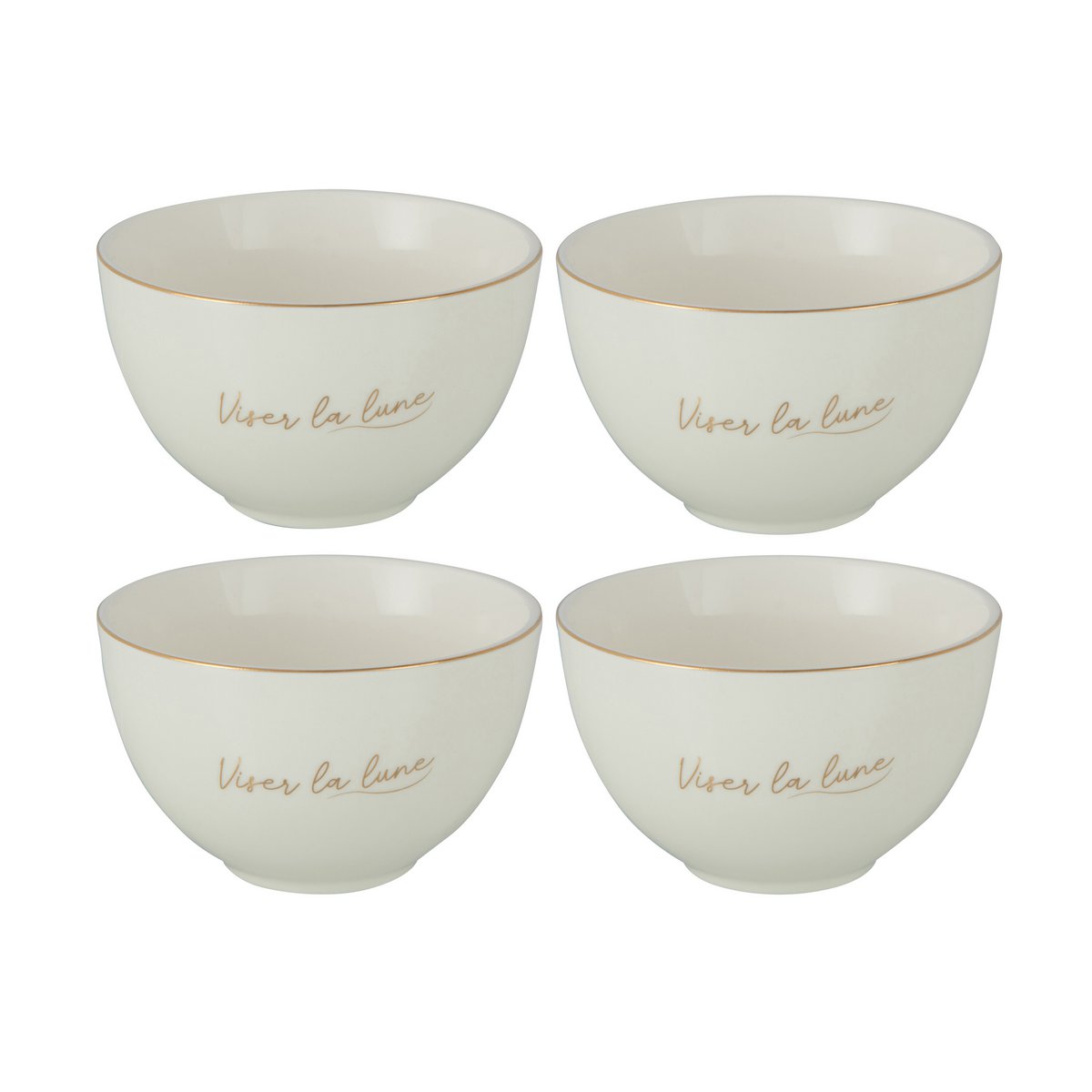 Coffret de 4 bols J-Line, détails de la porcelaine et finition dorée.