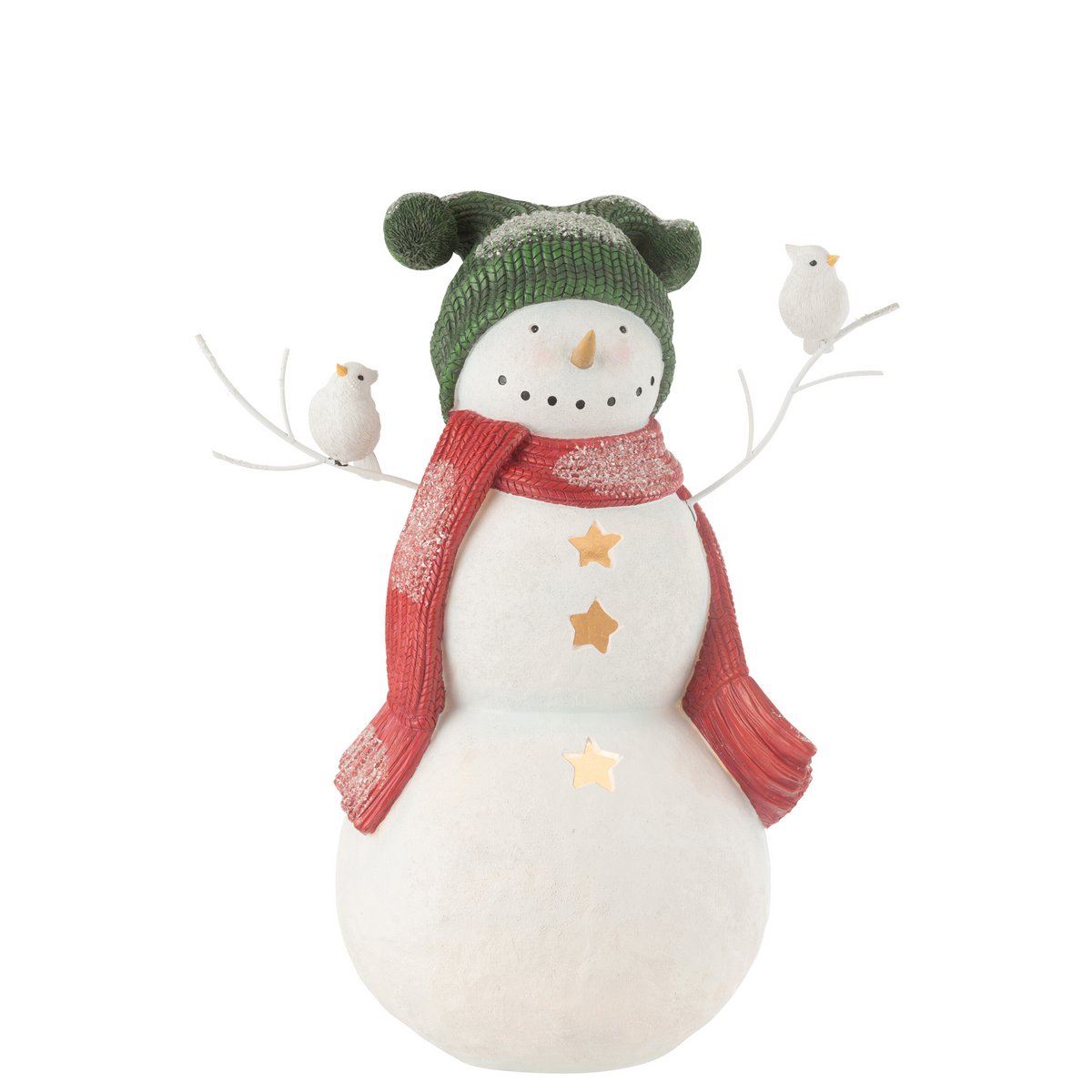 Détail de la figurine bonhomme de neige J-Line, mettant en valeur les couleurs vives.