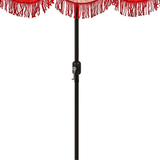 Détail du parasol Kim Rood, mât en acier noir et franges gracieuses.