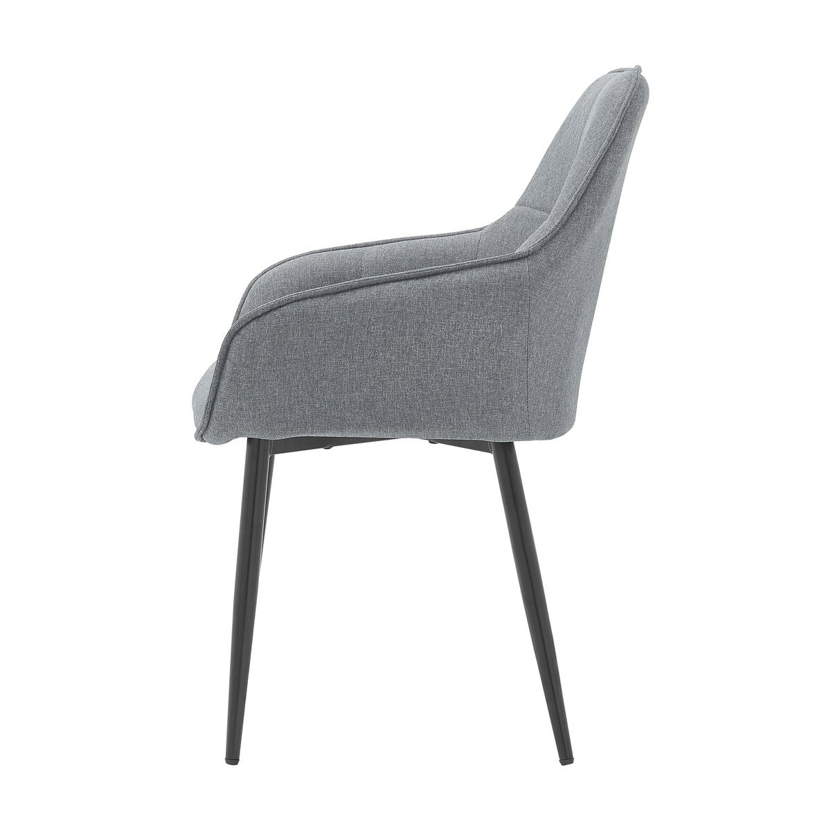 Vue latérale du fauteuil en lin gris montrant les accoudoirs