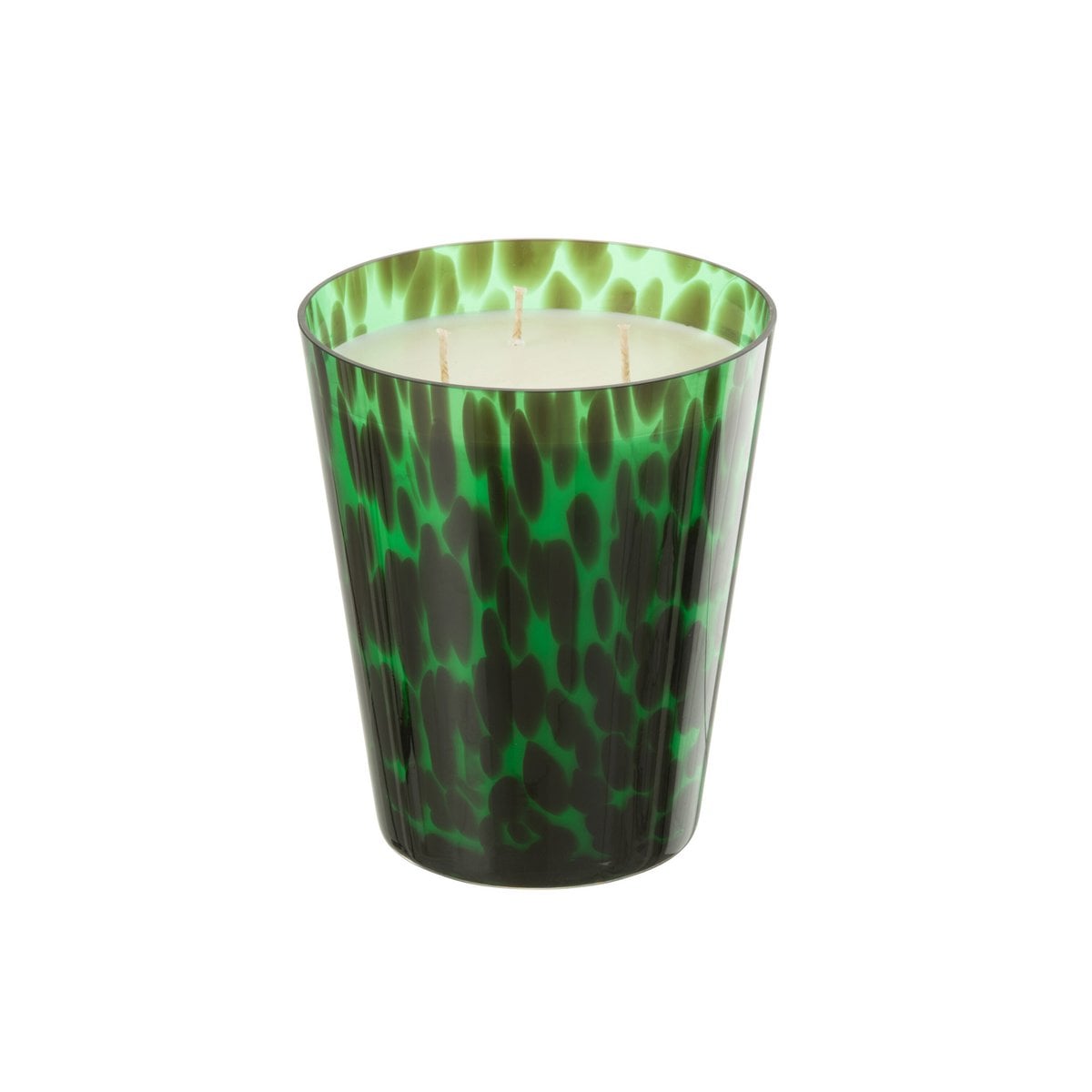 Bougie parfumée J-Line Noa en verre vert avec une flamme douce.
