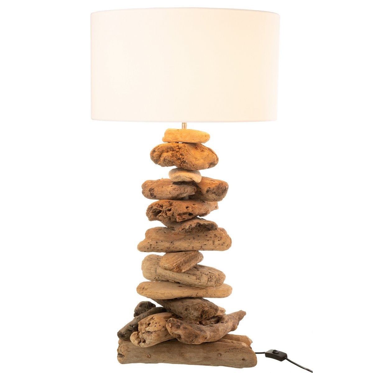 Lampadaire J-Line en bois naturel, vue de face avec abat-jour beige
