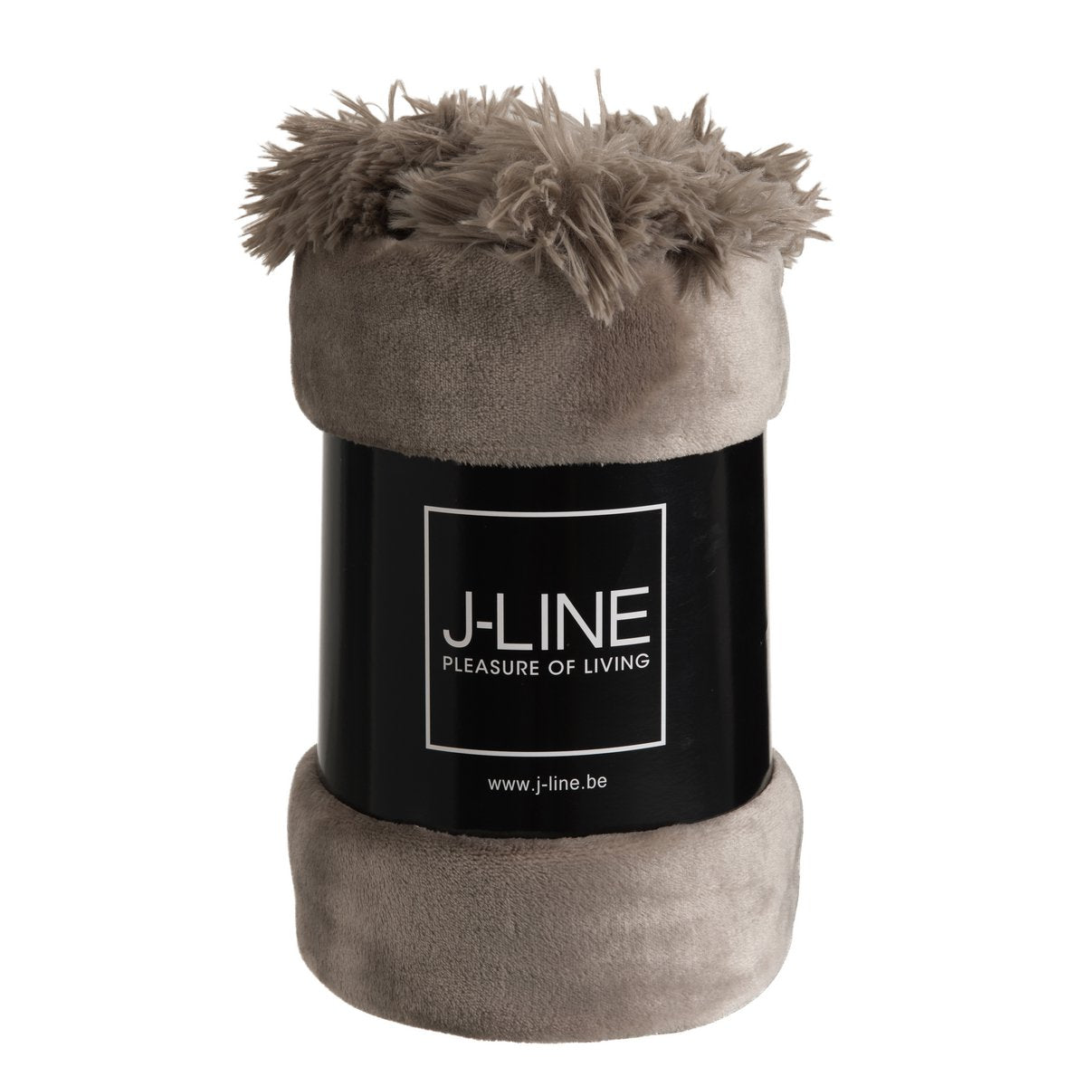 Plaid Pompon J-Line taupe, mise en scène sur un lit
