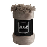 Plaid Pompon J-Line taupe, mise en scène sur un lit