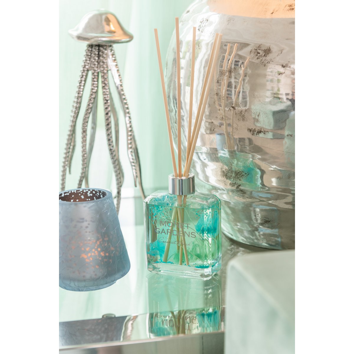 Bâtonnets parfumés J-Line Monet Gardens en verre aqua, vue de face