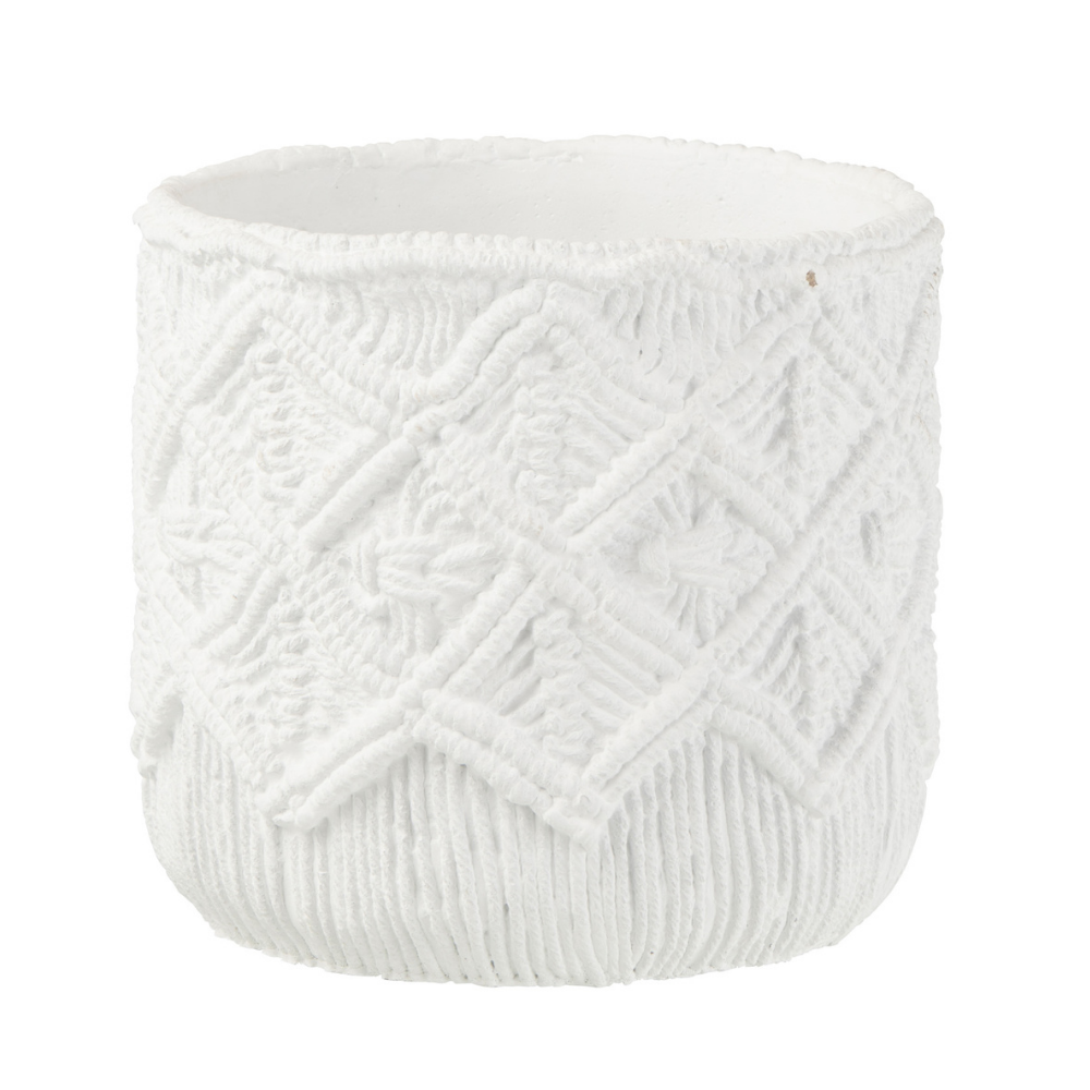 Pot de fleurs J-Line en ciment blanc, vue de face avec détails de texture