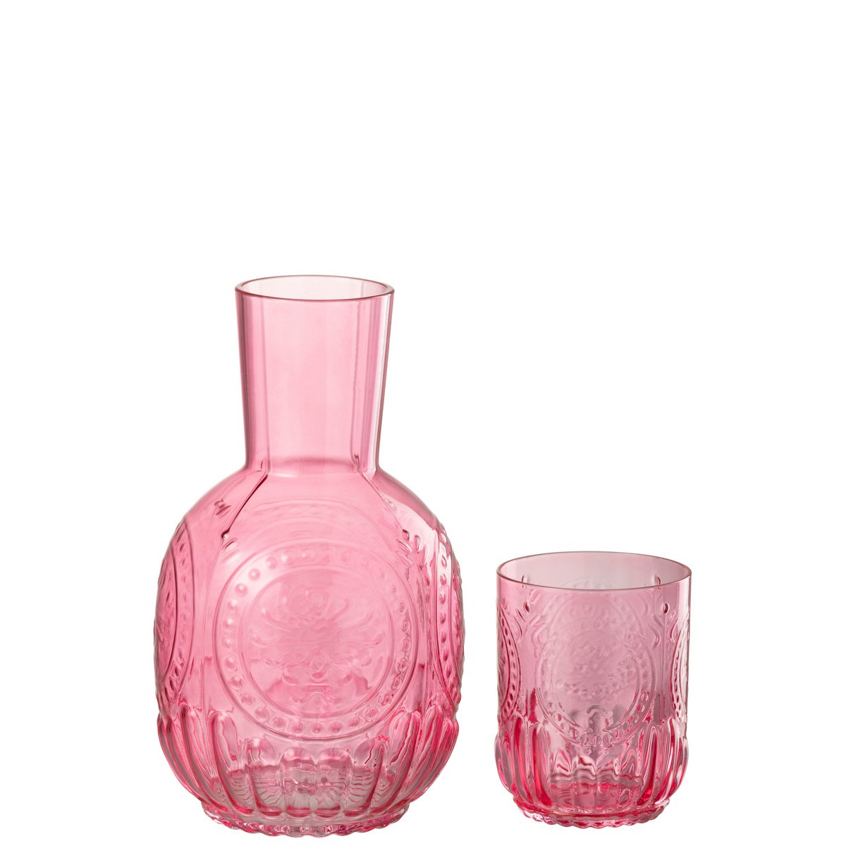 Carafe J-Line en verre fuchsia, vue de face avec reflets modernes.