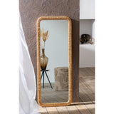 Détail du miroir J-Line montrant le cadre en bois naturel et la surface en verre.
