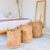Panier à linge rond tressé – Panier à plantes Boho – Panier à linge marron – Grand panier en jacinthe d'eau RAJA (3 tailles Ø 35/40/50 cm)