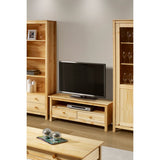 Vue latérale du meuble TV en bois blanc avec compartiment ouvert