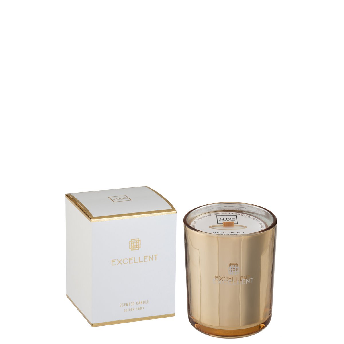 Bougie parfumée Golden Honey de J-Line en verre doré, vue de face.