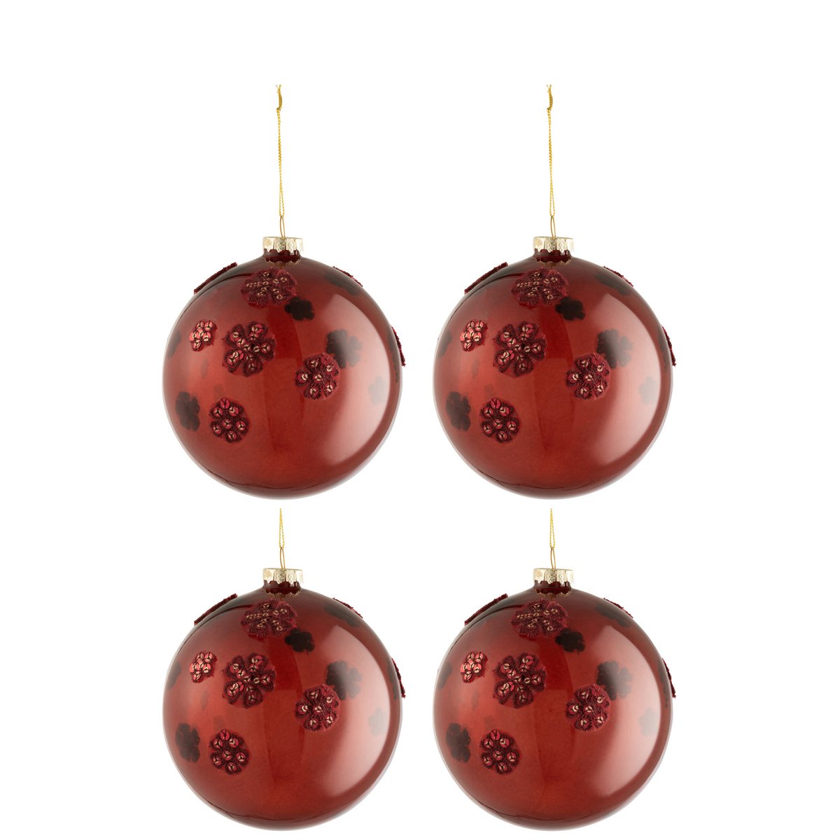 Détail d'une boule de Noël en verre bordeaux J-Line sur fond festif