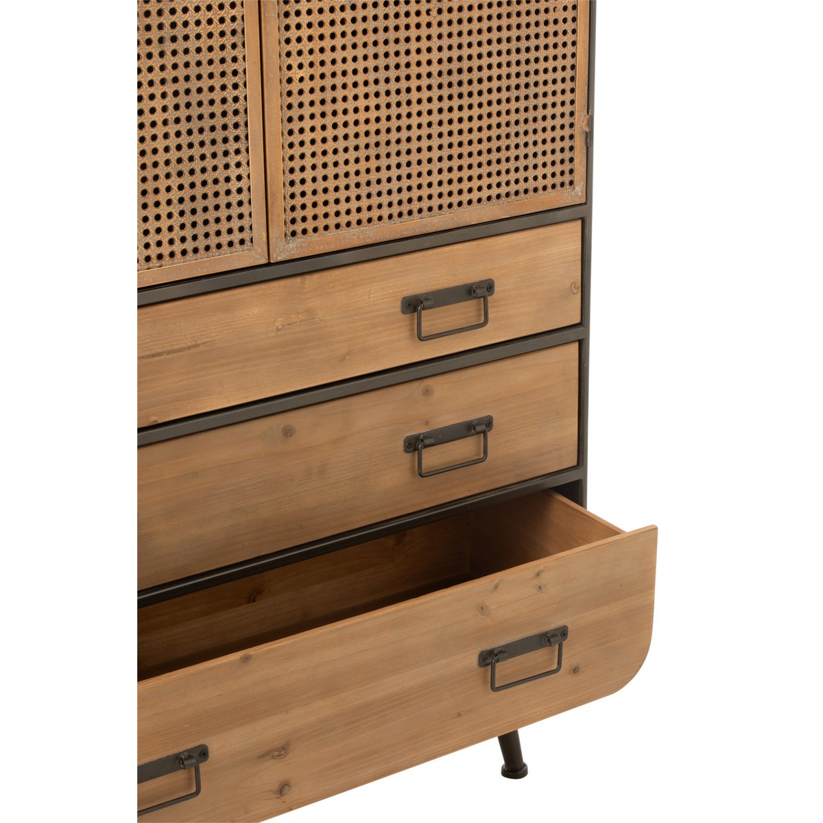 Détail des poignées en métal de l'armoire J-Line